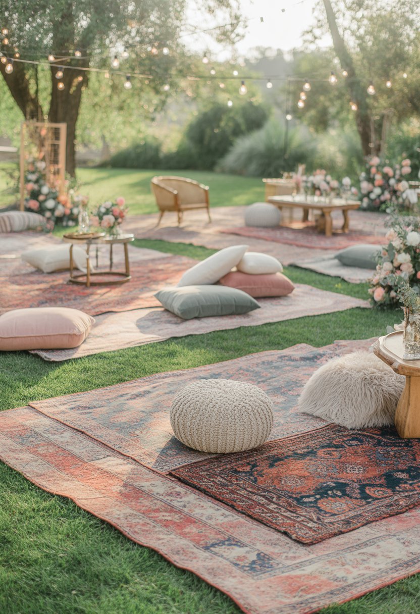Outdoor wedding lounge area with vintage rugs, cushions, and floral decorations on grass.