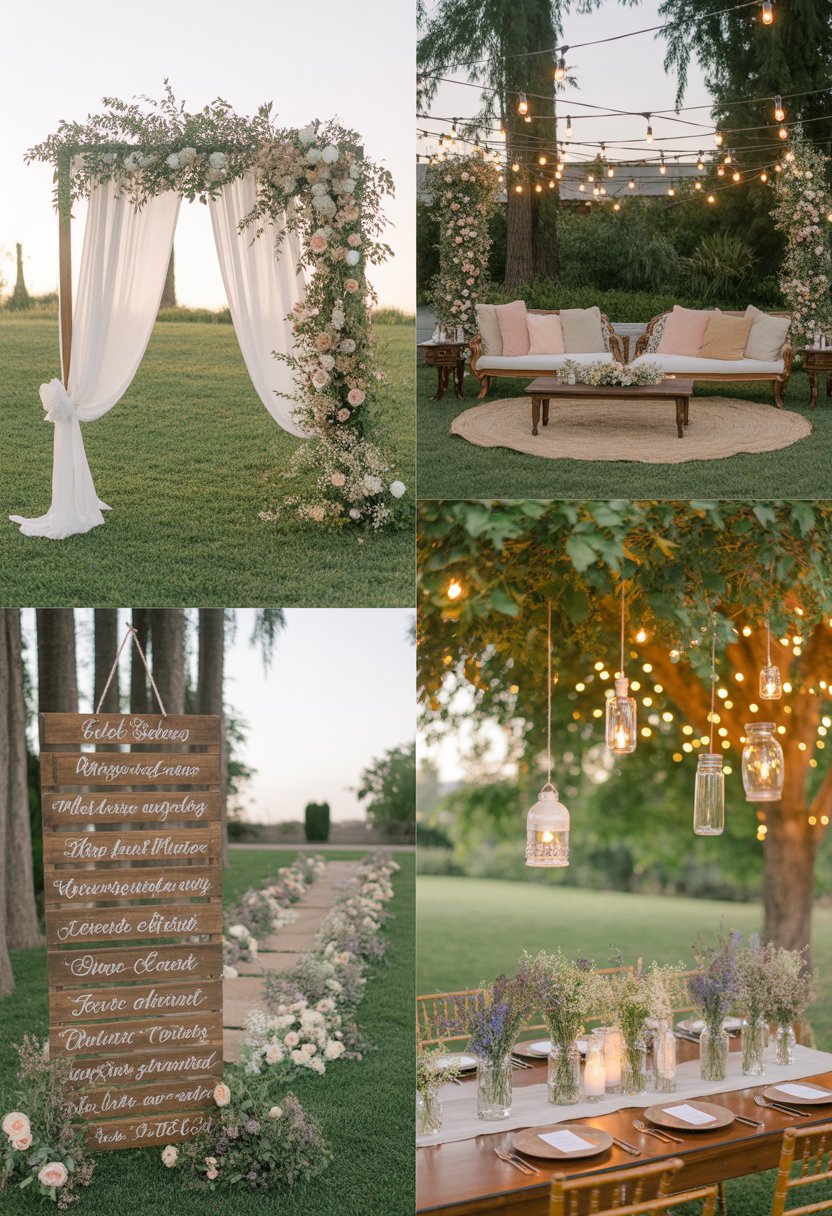 An outdoor wedding setup with a decorated arch, flower-lined aisle, rustic signs, a cozy lounge area with string lights, and tables with floral centerpieces in a garden.