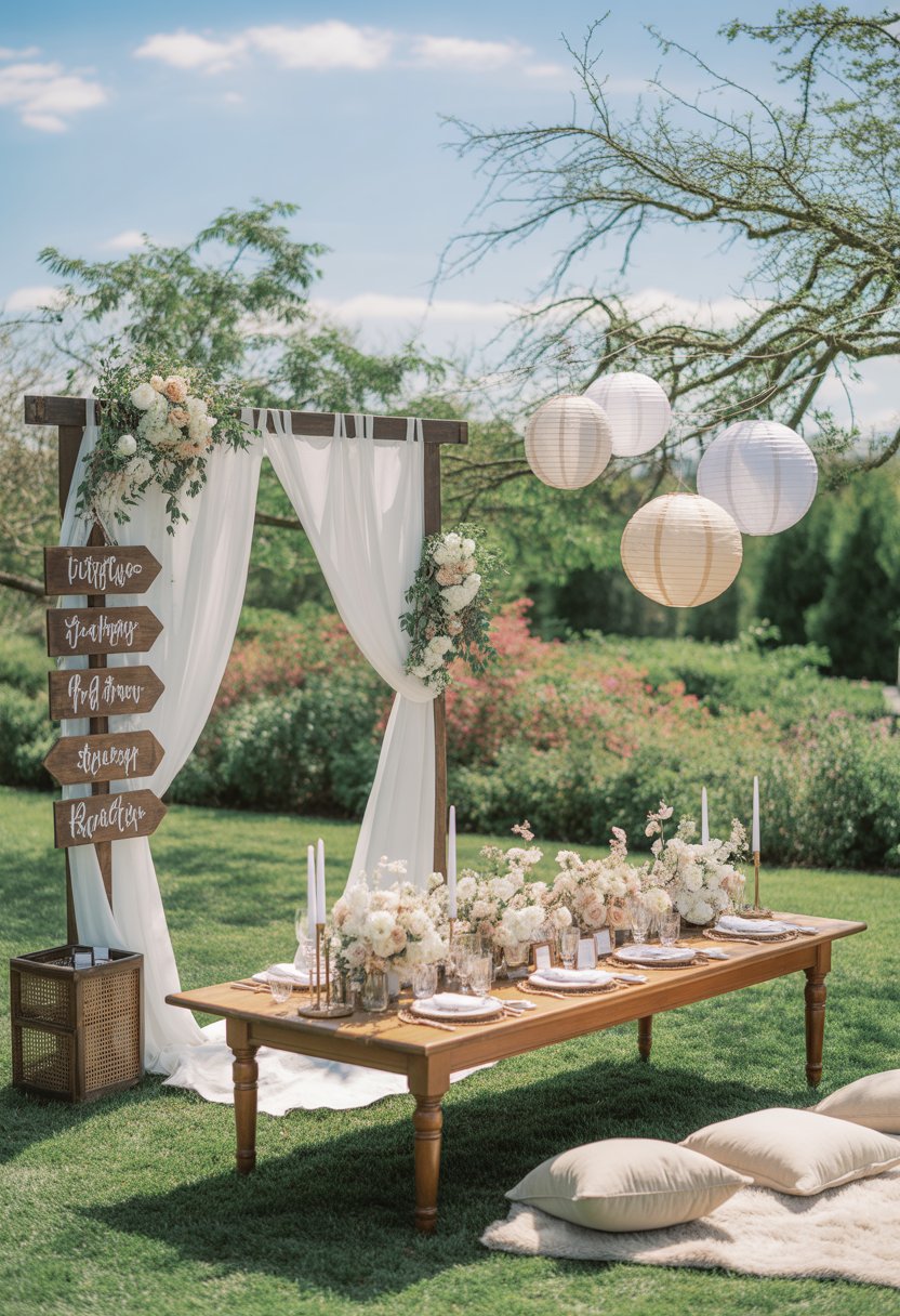 Outdoor wedding scene with a decorated wooden arch, wooden signs, hanging lanterns, a flower-adorned table, and cozy seating areas in a garden.