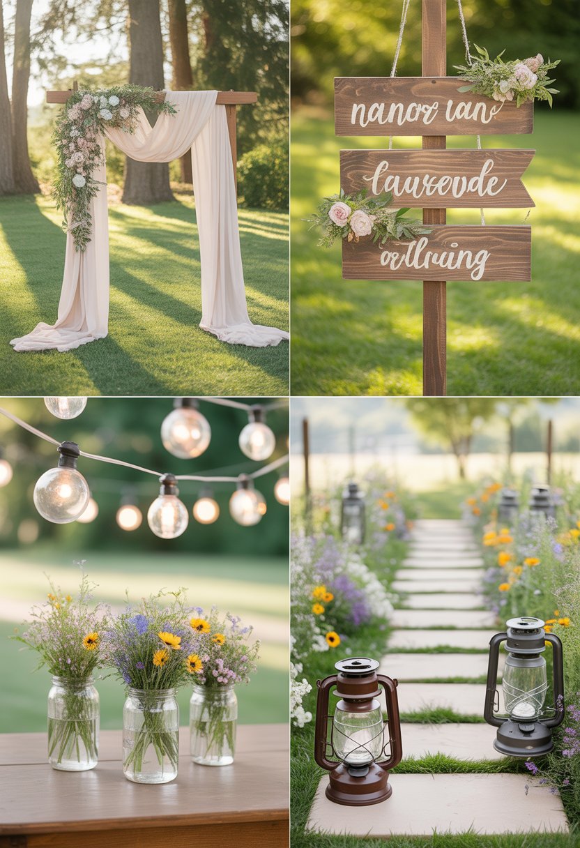 An outdoor wedding setup featuring a decorated wooden arch, wooden signs, string lights, mason jar flower centerpieces, and lanterns along a garden pathway.