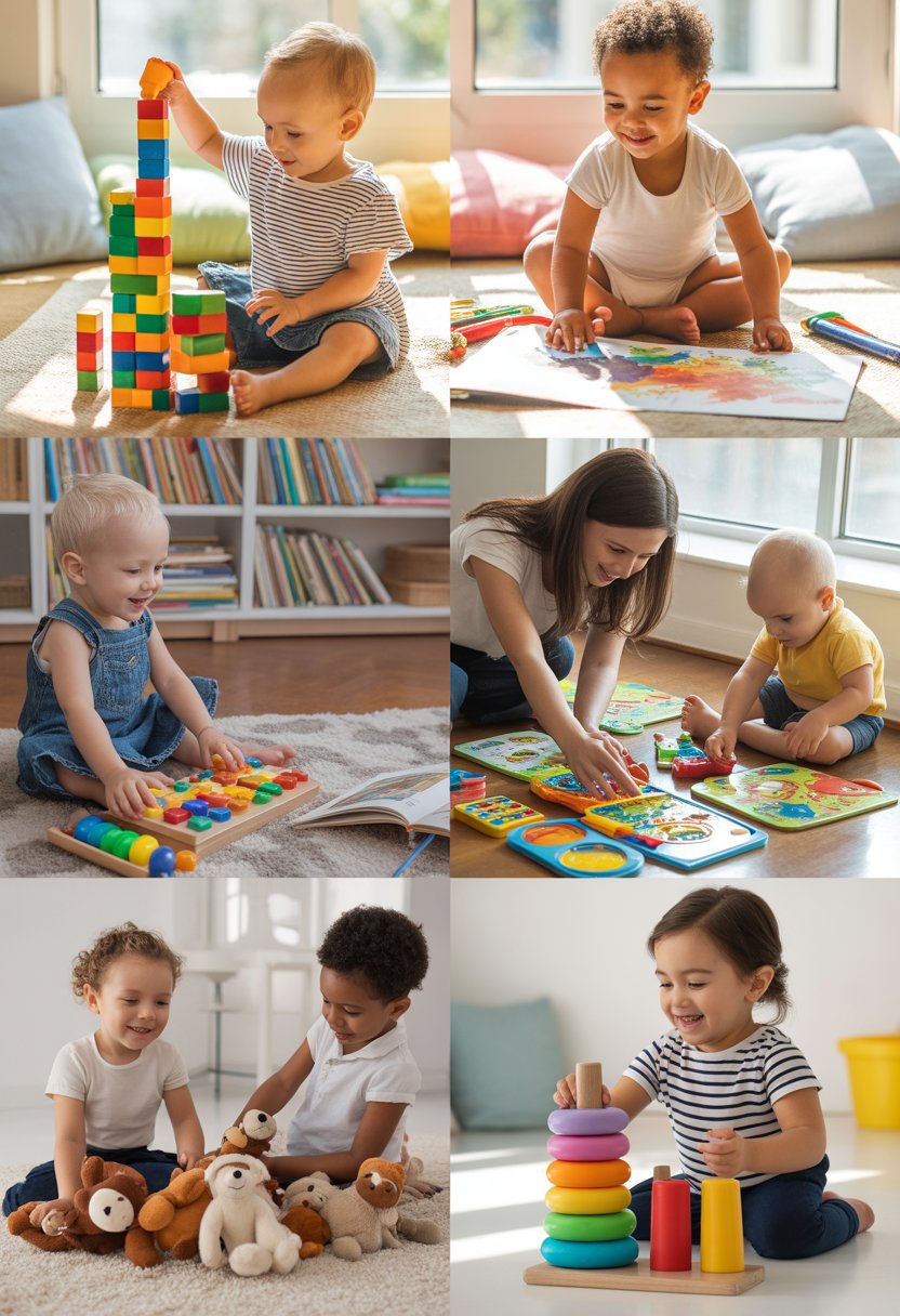 Seven toddlers playing together indoors, engaged in various activities like building blocks, painting, reading, puzzles, toy trains, stuffed animals, and stacking rings.