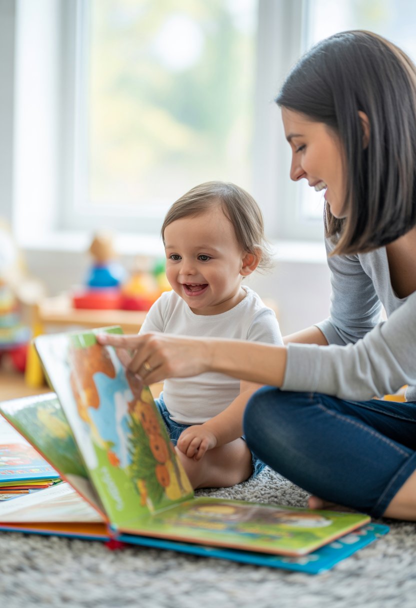 A parent and toddler sitting on a carpet reading colorful picture books together indoors.