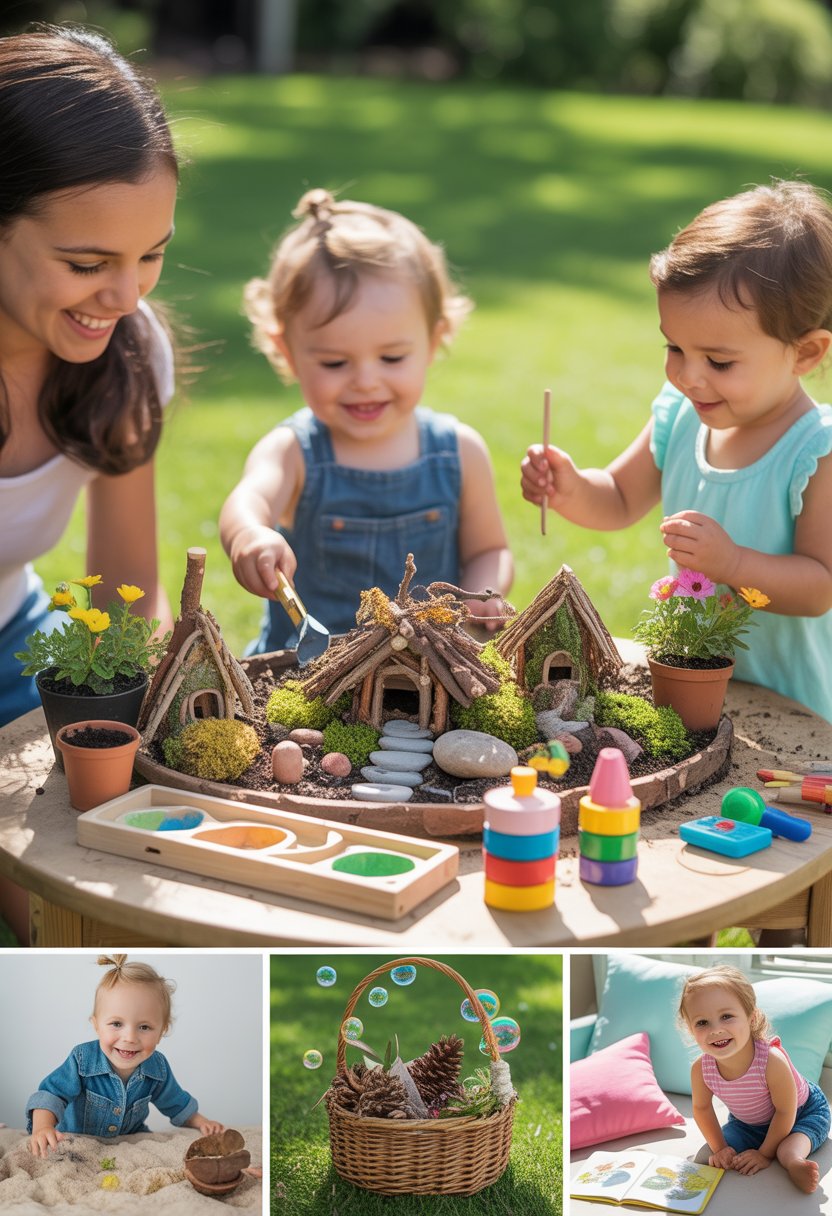 Toddlers enjoying various outdoor activities around a handmade fairy garden with natural materials and craft supplies in a green backyard.