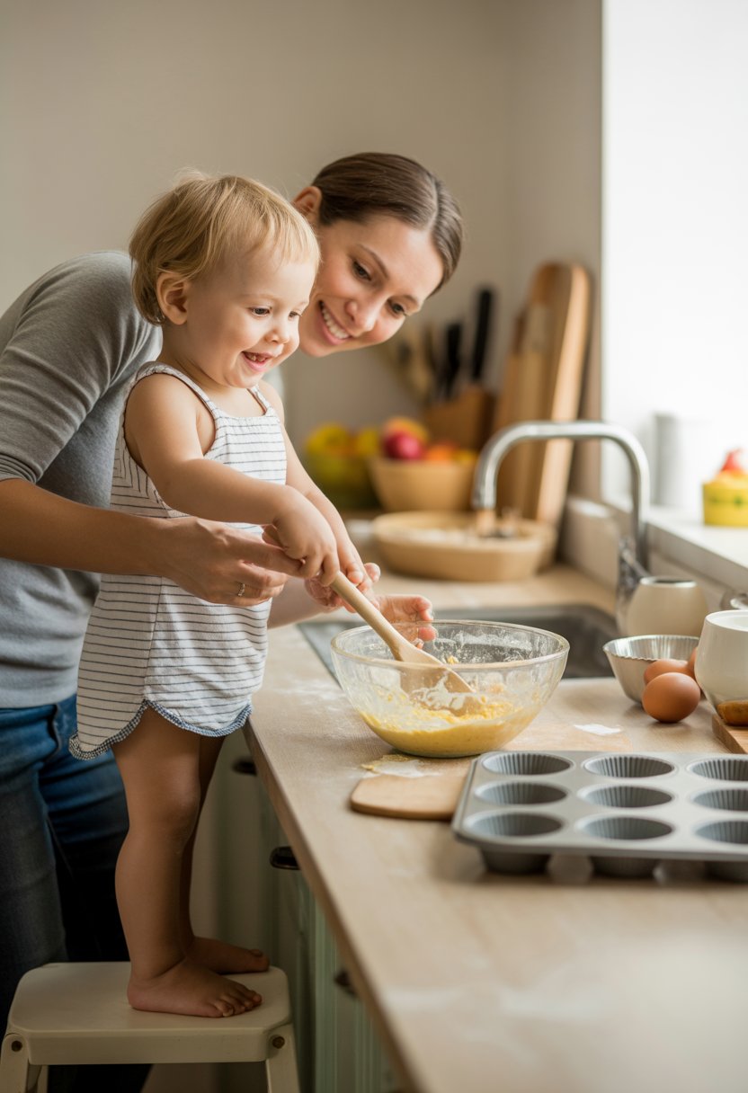A toddler and an adult baking cookies or muffins together in a kitchen, with the toddler standing on a stool and mixing batter.