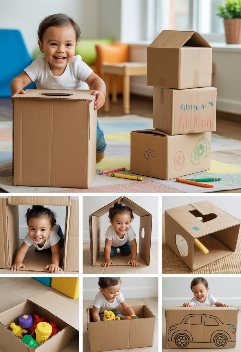 A toddler playing with large cardboard boxes in a bright room, engaging in various creative activities like building, crawling, and drawing.