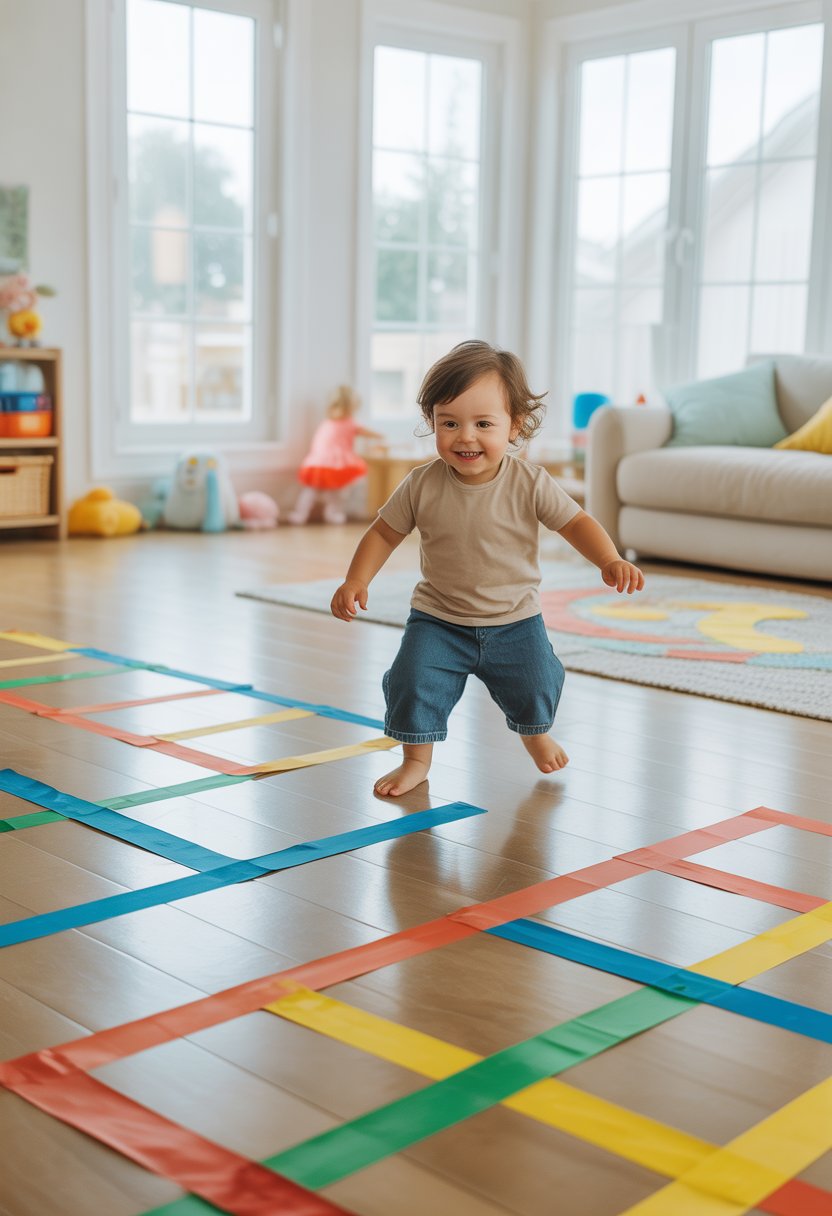 A toddler playing on a hardwood floor with colorful tape creating floor games in a bright living room.