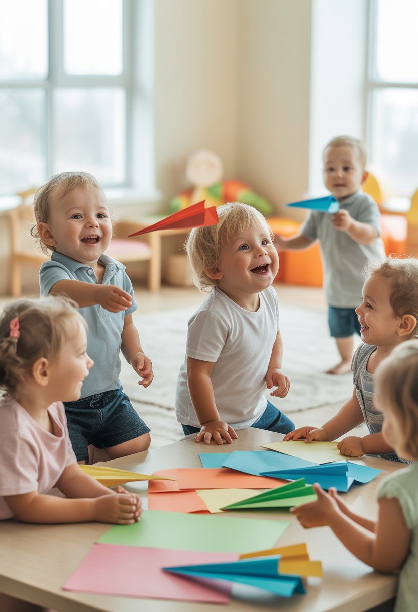 Toddlers making and flying paper airplanes indoors during a playful contest.
