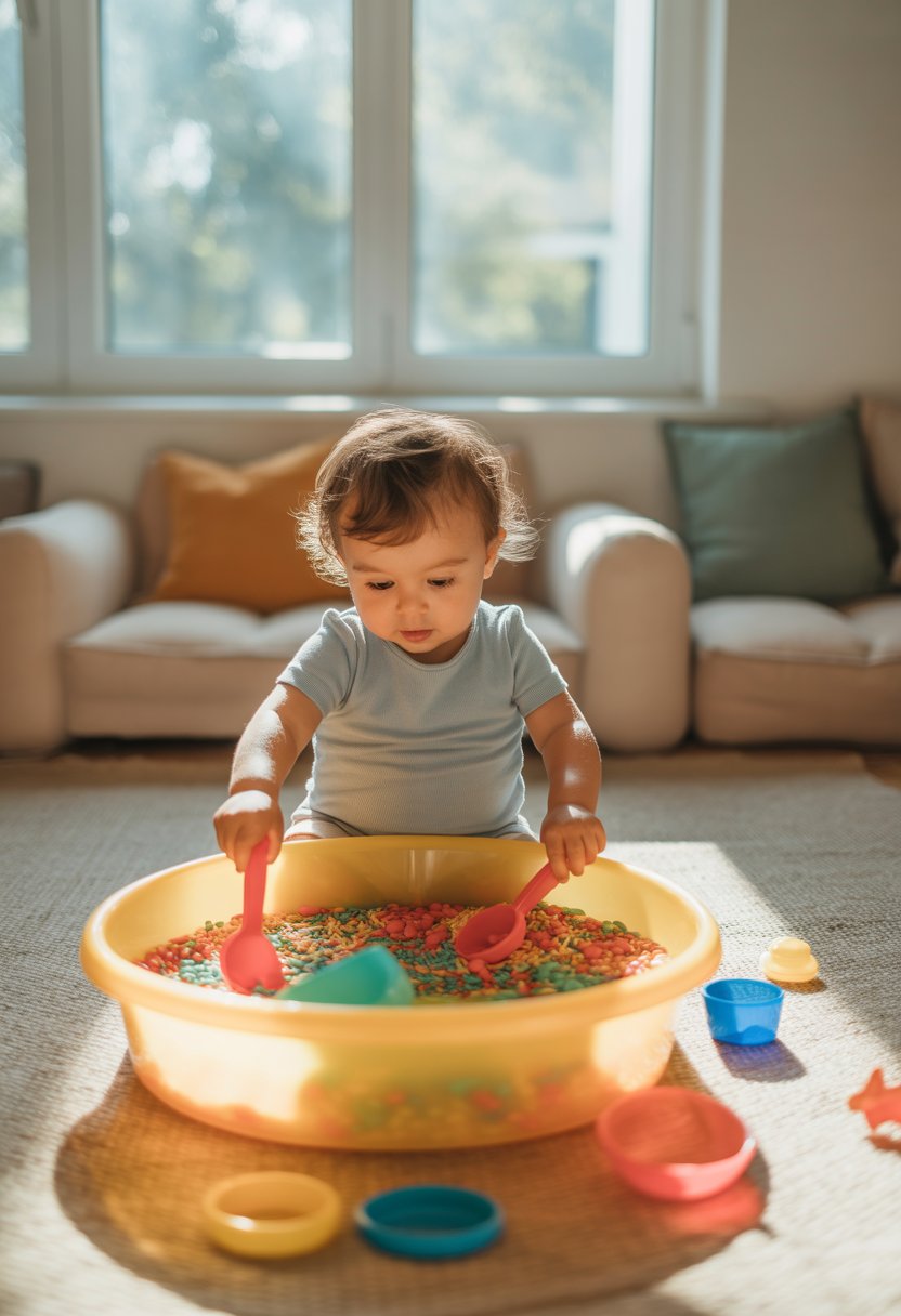 A toddler playing with a sensory bin filled with colorful rice and beans, sitting on a play mat indoors.
