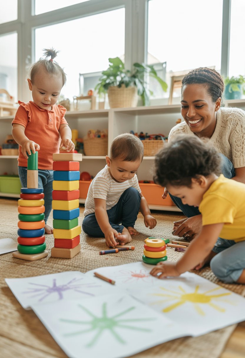 Toddlers playing with blocks, drawing, and stacking toys in a bright playroom with a caregiver nearby.