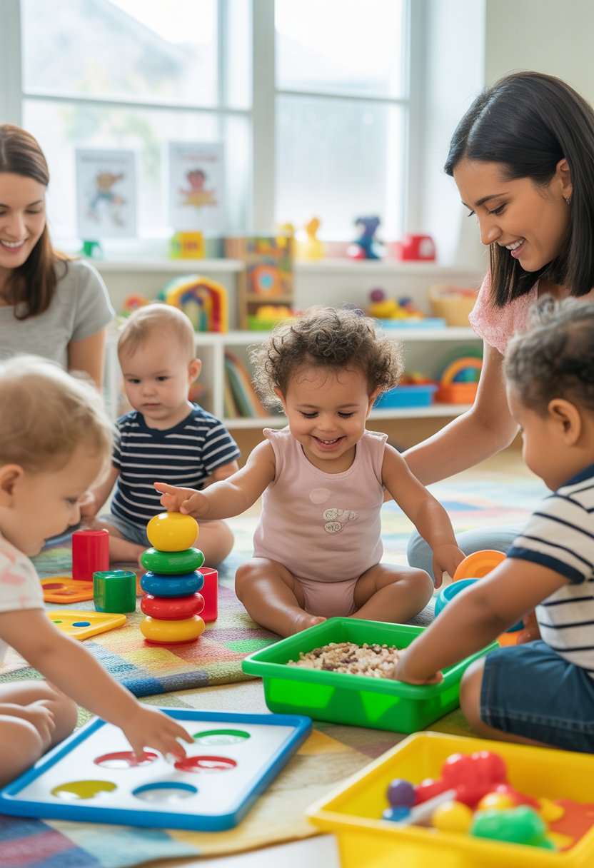 Toddlers playing with blocks, puzzles, and finger painting in a bright, colorful playroom with caregivers nearby.