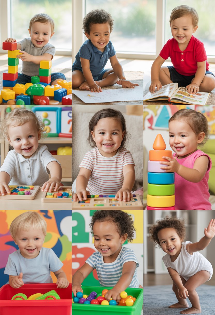 Several toddlers playing together indoors, engaged in various activities like building blocks, drawing, reading, puzzles, and dancing.