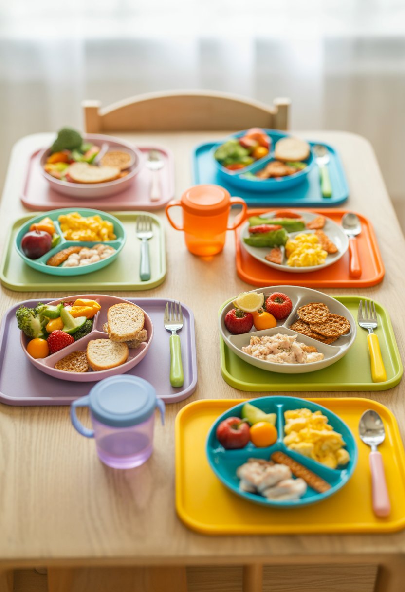 A kitchen table displaying seven different toddler meals on colorful plates, including fruits, vegetables, small sandwiches, and snacks.