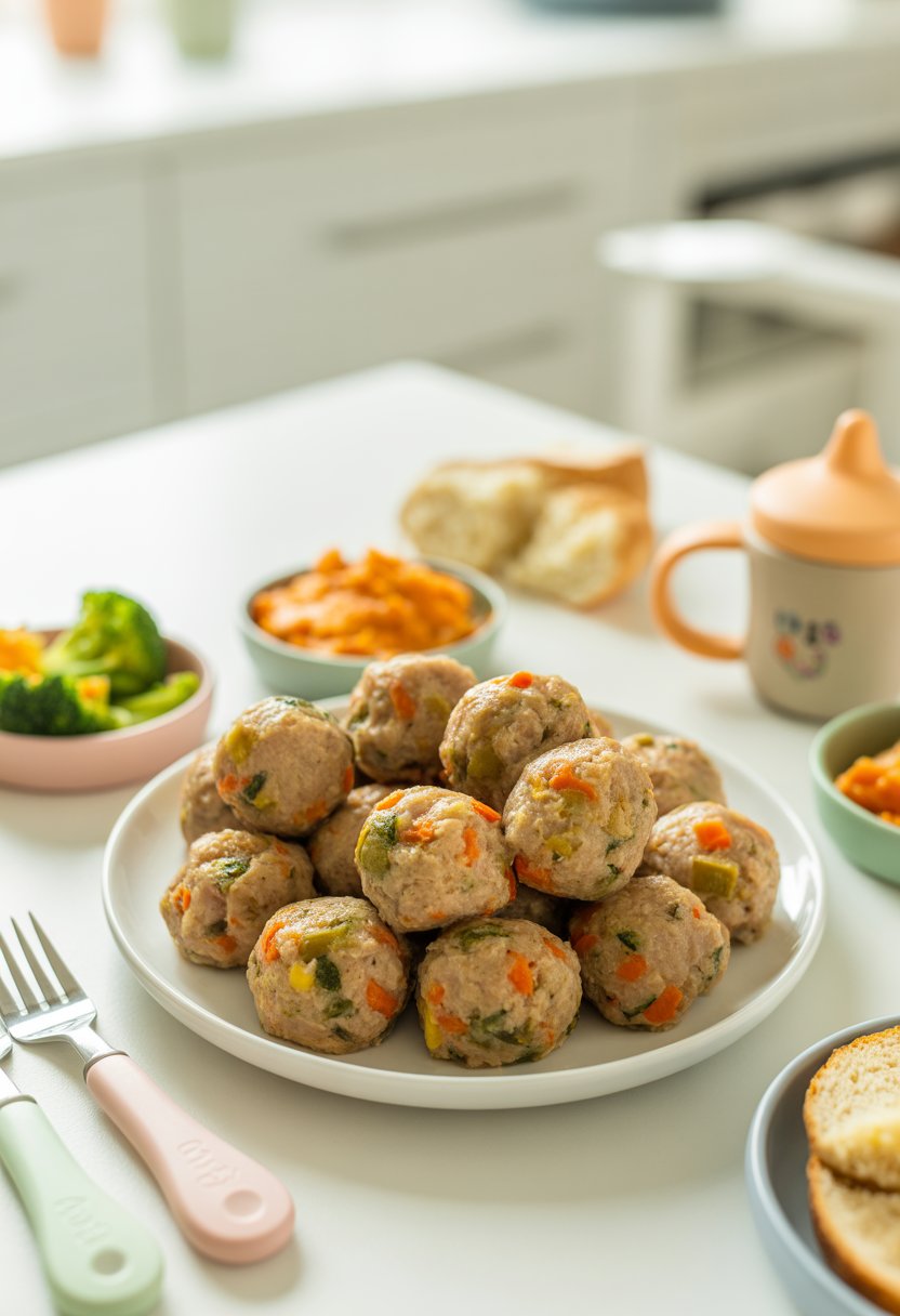 A plate of mini turkey and vegetable meatballs with small side dishes and toddler utensils on a kitchen table.