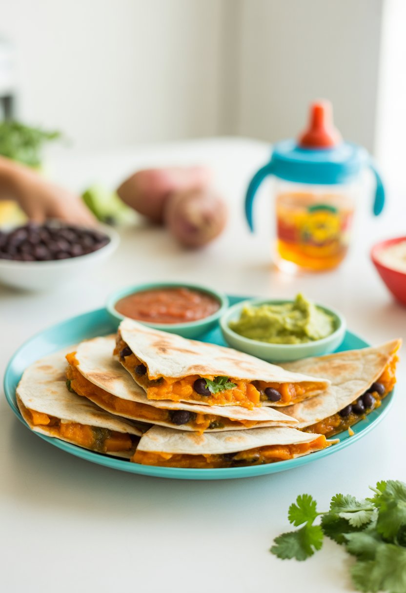 A plate of sweet potato and black bean quesadillas cut into small triangles, served with salsa and guacamole on a kitchen table.