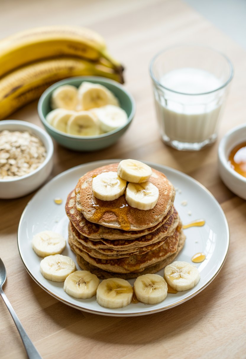 A stack of banana oat pancakes with banana slices and honey on a plate, surrounded by ingredients on a wooden table.