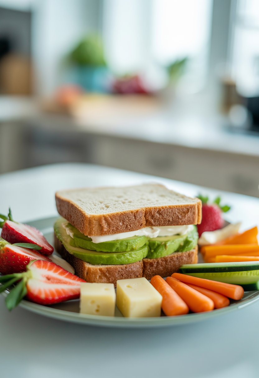 Close-up of a sliced avocado and cream cheese sandwich on a plate with assorted toddler-friendly fruits and vegetables.
