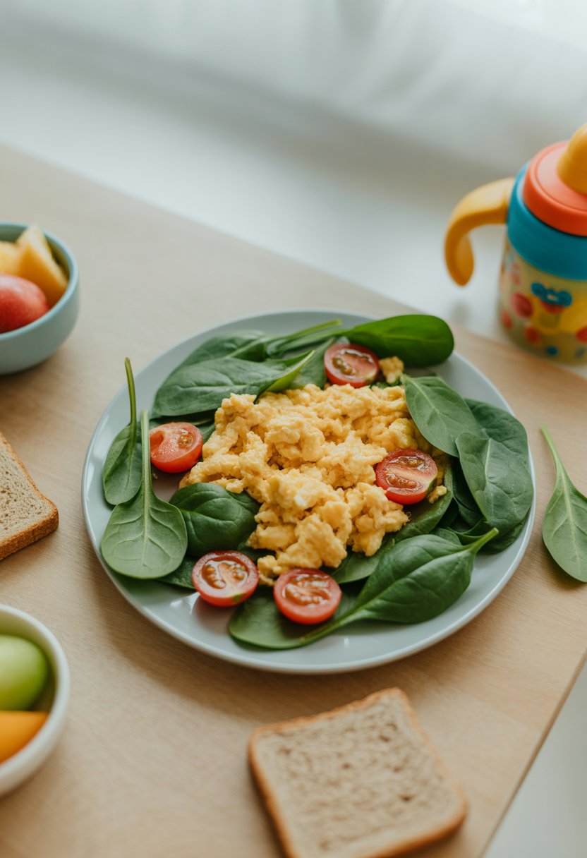 A plate of scrambled eggs with spinach and cherry tomatoes on a wooden table, accompanied by toddler-friendly meal items.