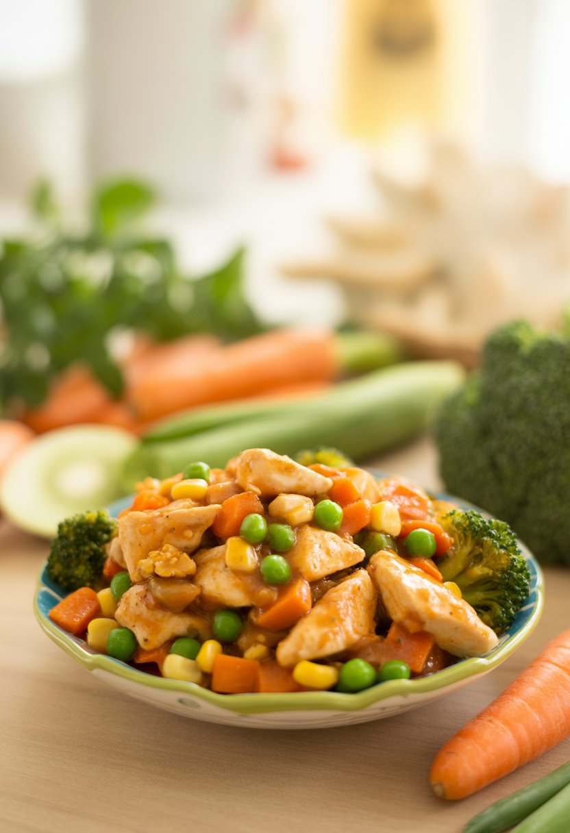 A small bowl of colorful chicken and vegetable stir-fry on a wooden table with fresh vegetables nearby.