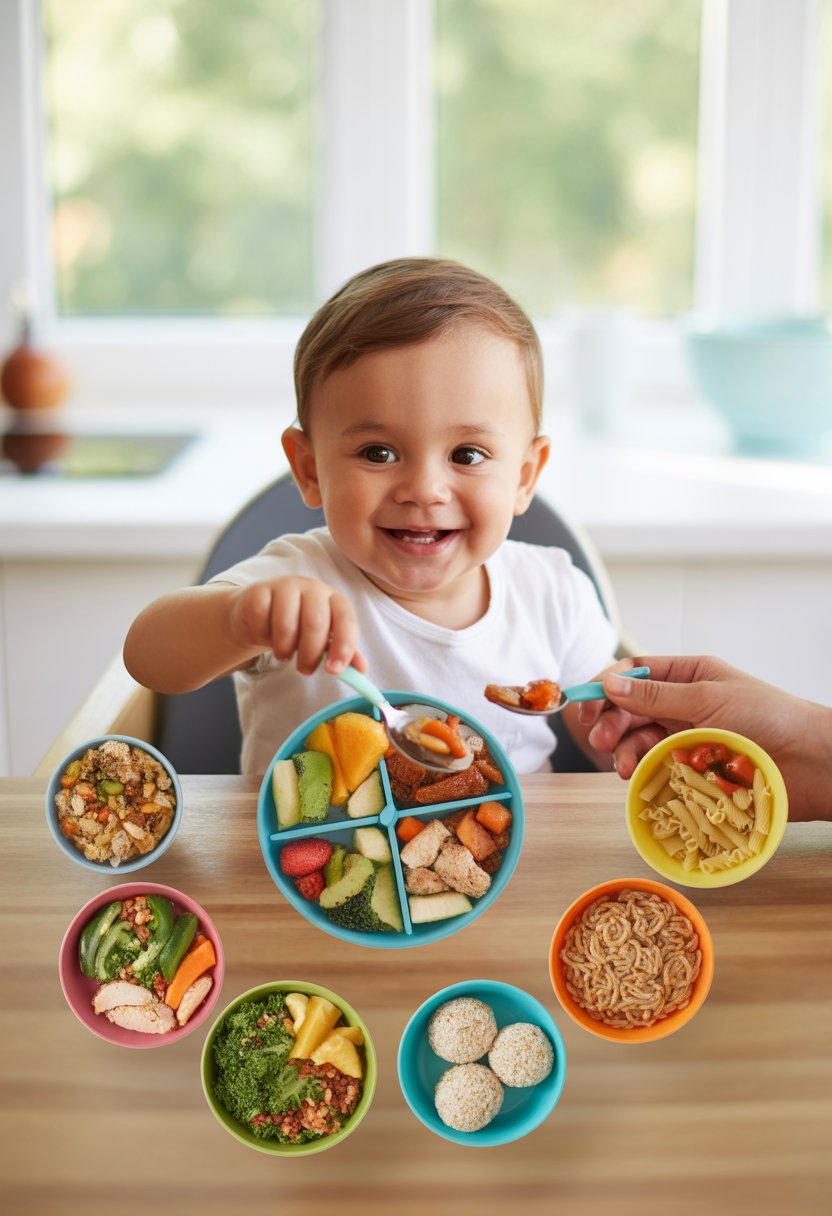 A toddler sitting in a high chair reaching for a plate of healthy food with several small dishes of nutritious toddler meals on a wooden table in a bright kitchen.
