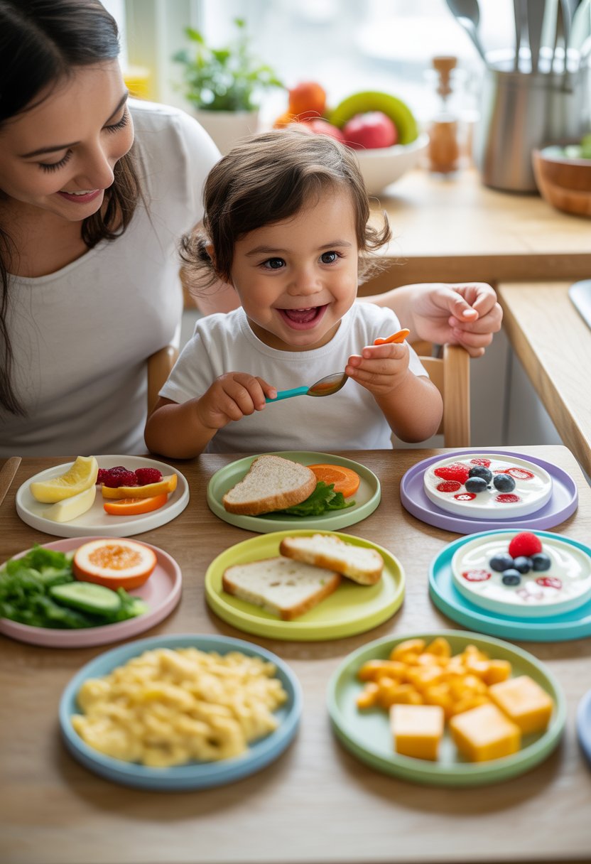 A toddler sitting at a small table eating a variety of healthy foods with a parent nearby in a bright kitchen.