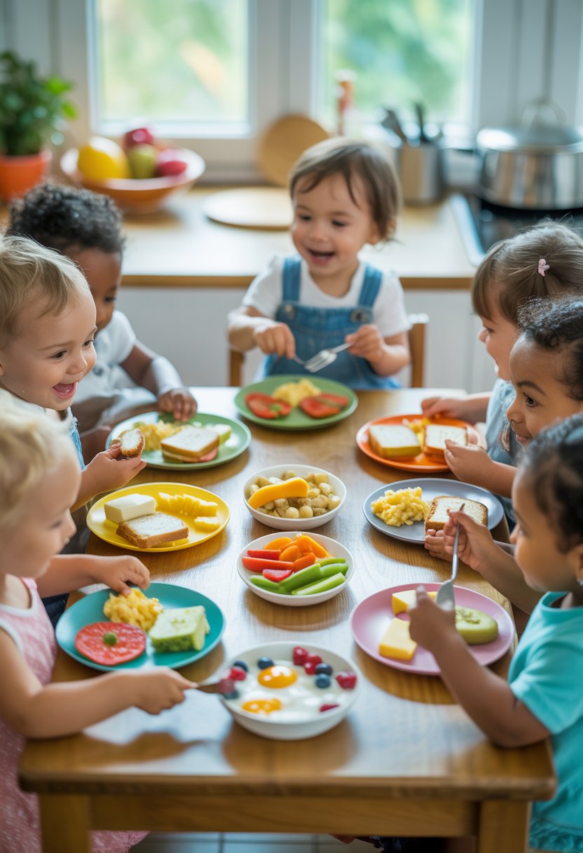 Toddlers sitting around a table eating a variety of healthy meals in a bright kitchen.