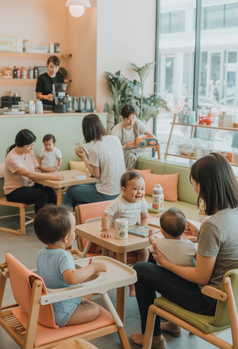 A bright cafe interior with parents and babies enjoying snacks and playtime in a cozy, baby-friendly setting.