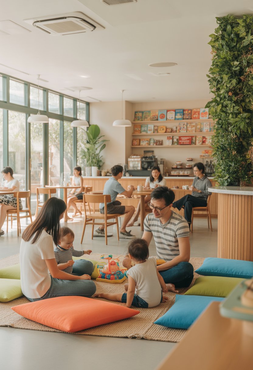 A bright cafe interior with parents and babies enjoying a safe, baby-friendly space with toys, high chairs, and cozy seating.