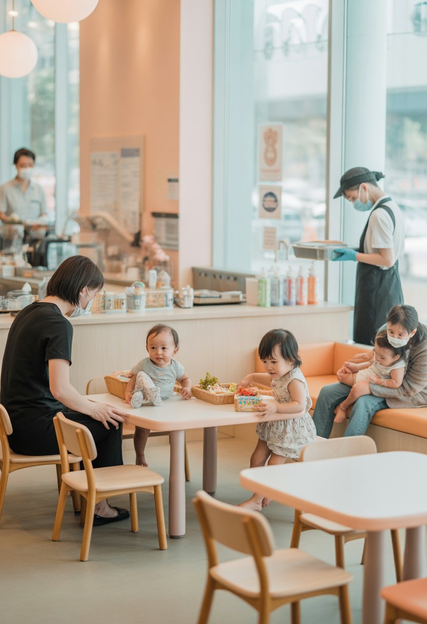 A clean and bright baby-friendly cafe in Singapore with parents and babies, child-safe furniture, a play area with toys, and staff cleaning surfaces.