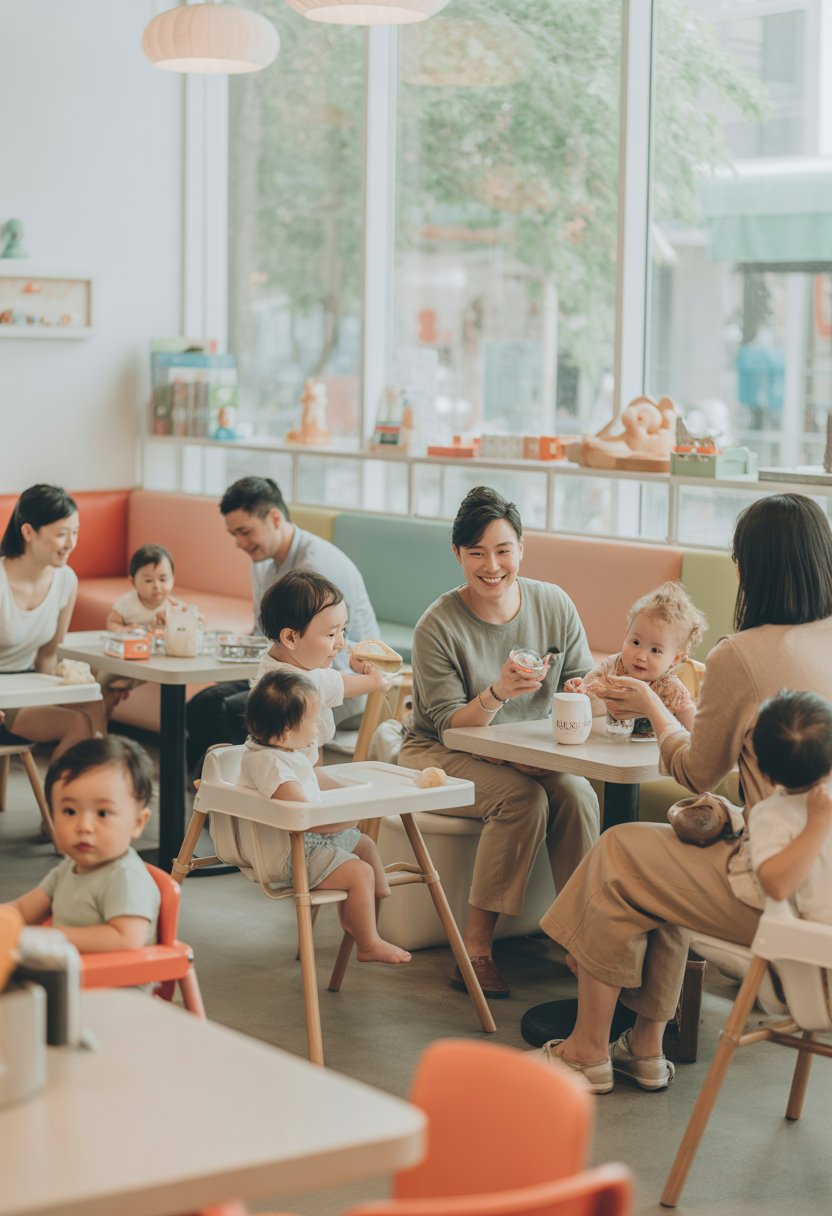 Parents and caregivers with babies and toddlers enjoying a bright and cozy cafe with baby-friendly furniture and natural light.
