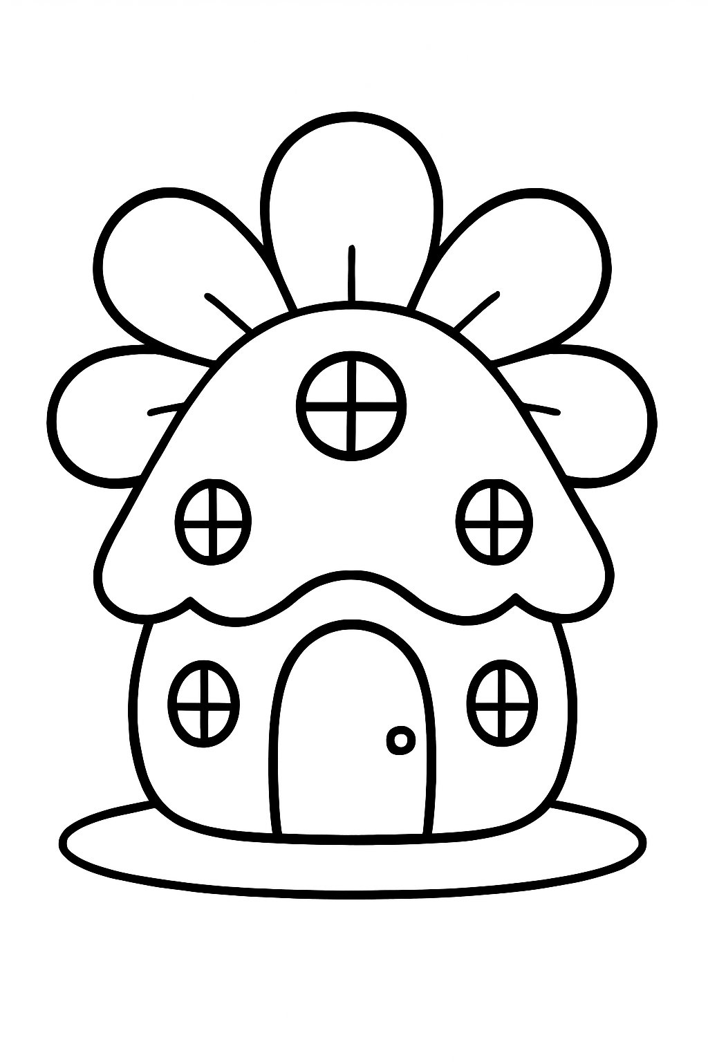 A single flower-shaped house with a round door and circular windows.