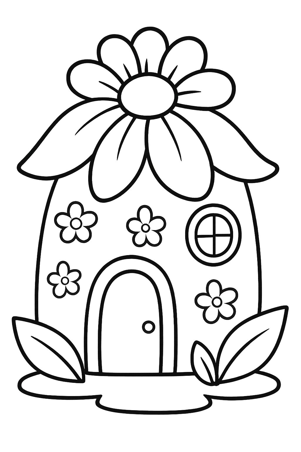 A charming flower house with a roof made of large petals and floral decorations on the walls.