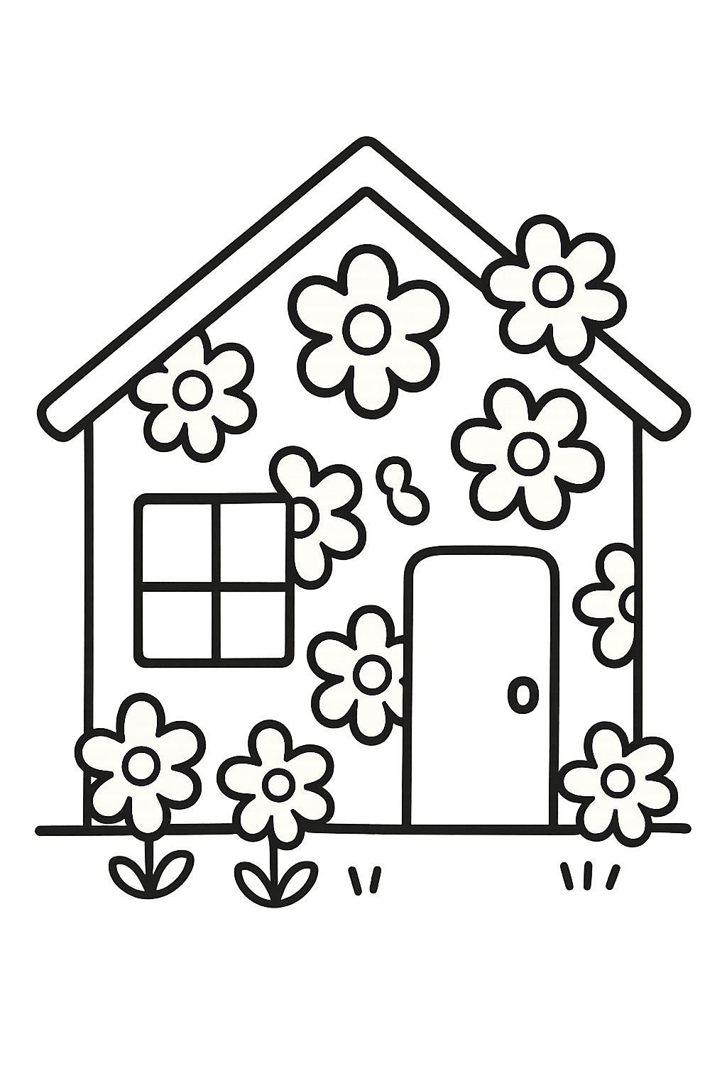 A simple house decorated with large flowers on its walls and roof.
