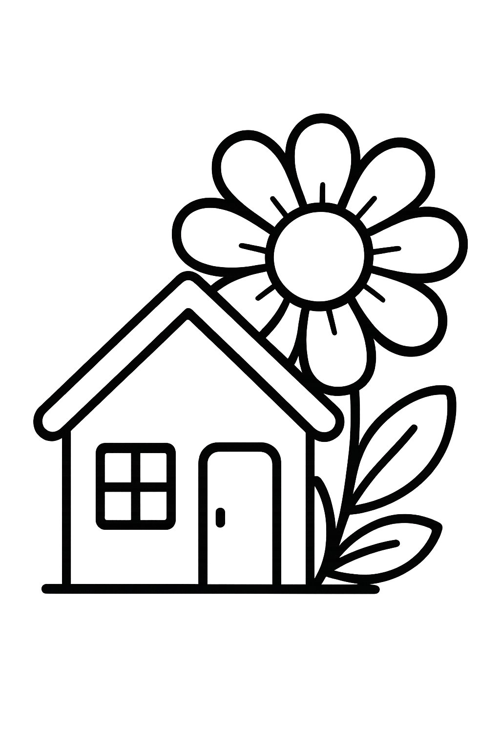 A simple house next to a large summer flower.