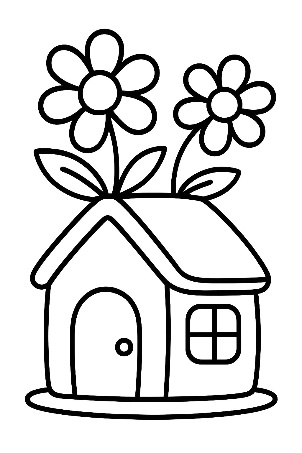 A simple flower house combining a small house with large blooming flowers.