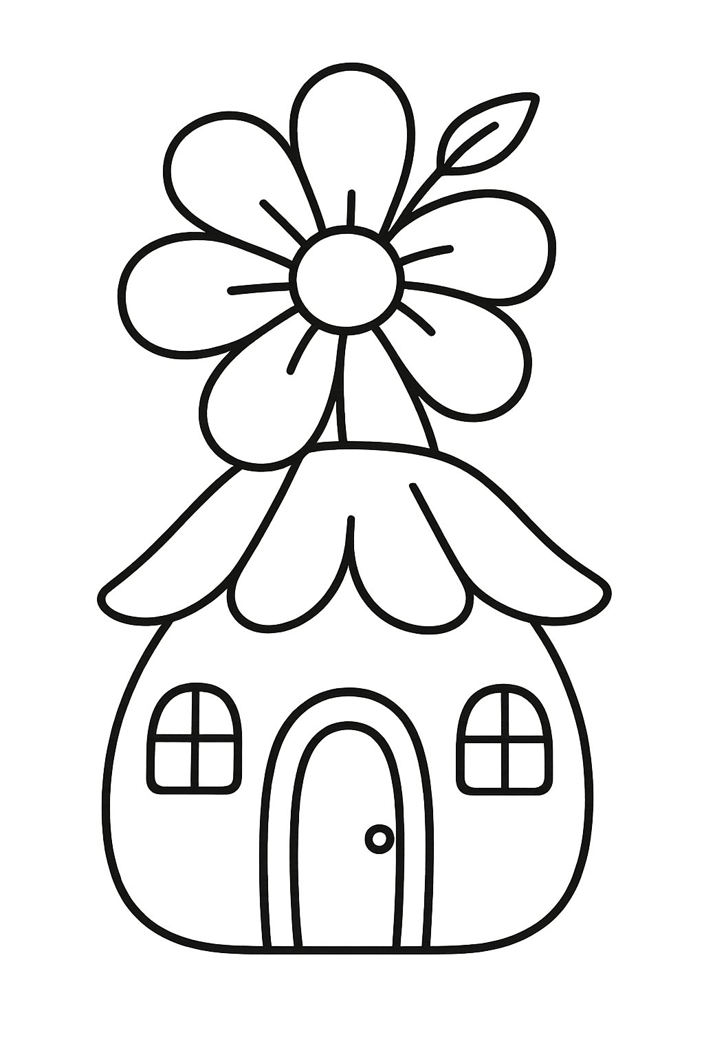 A single flower-shaped house with a door and windows.