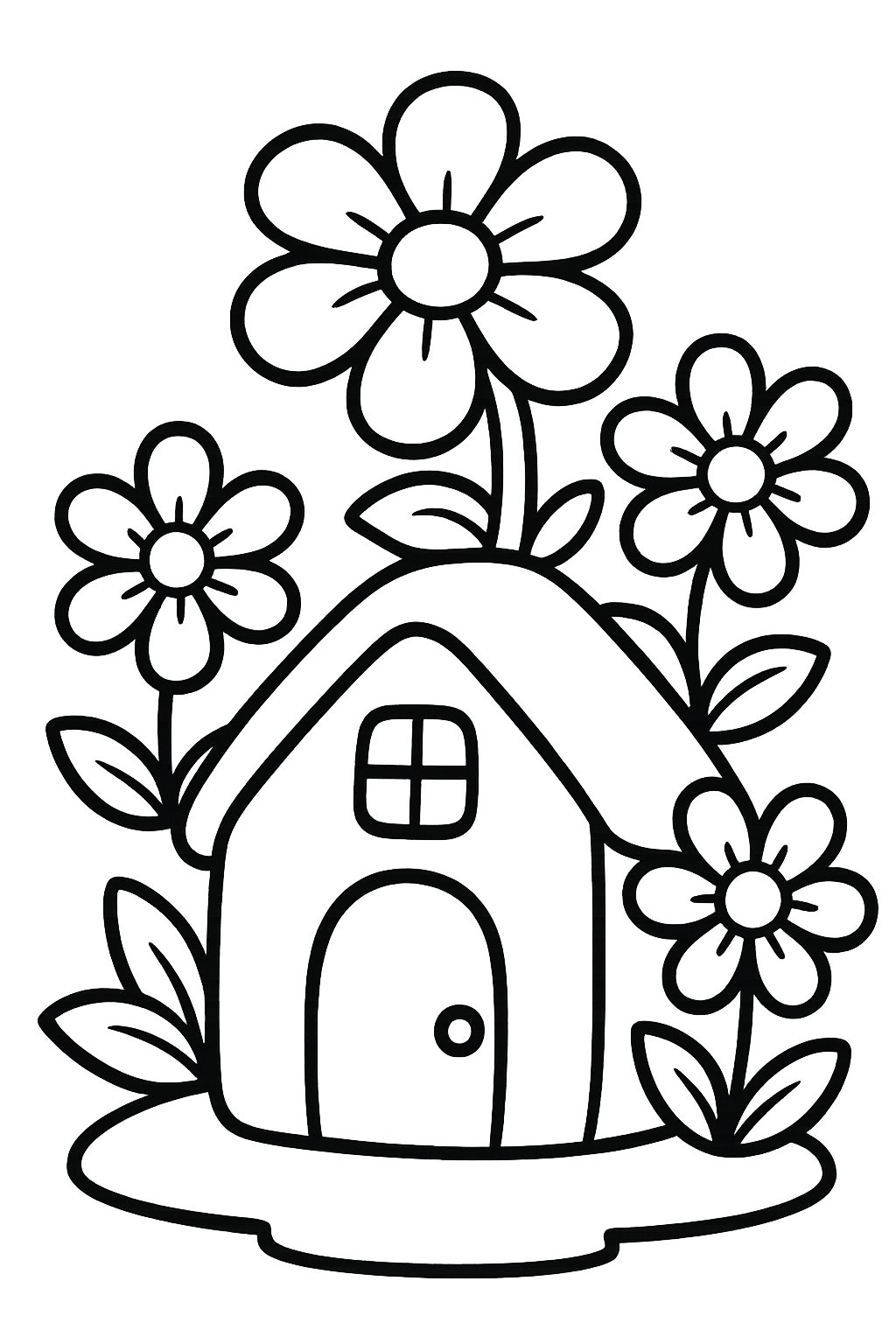 A simple flower house surrounded by large flowers.